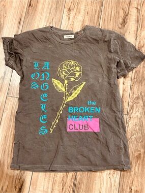 PacSun Brown Short-Sleeve Tee with Yellow Rose and Teal & Pink Graphics